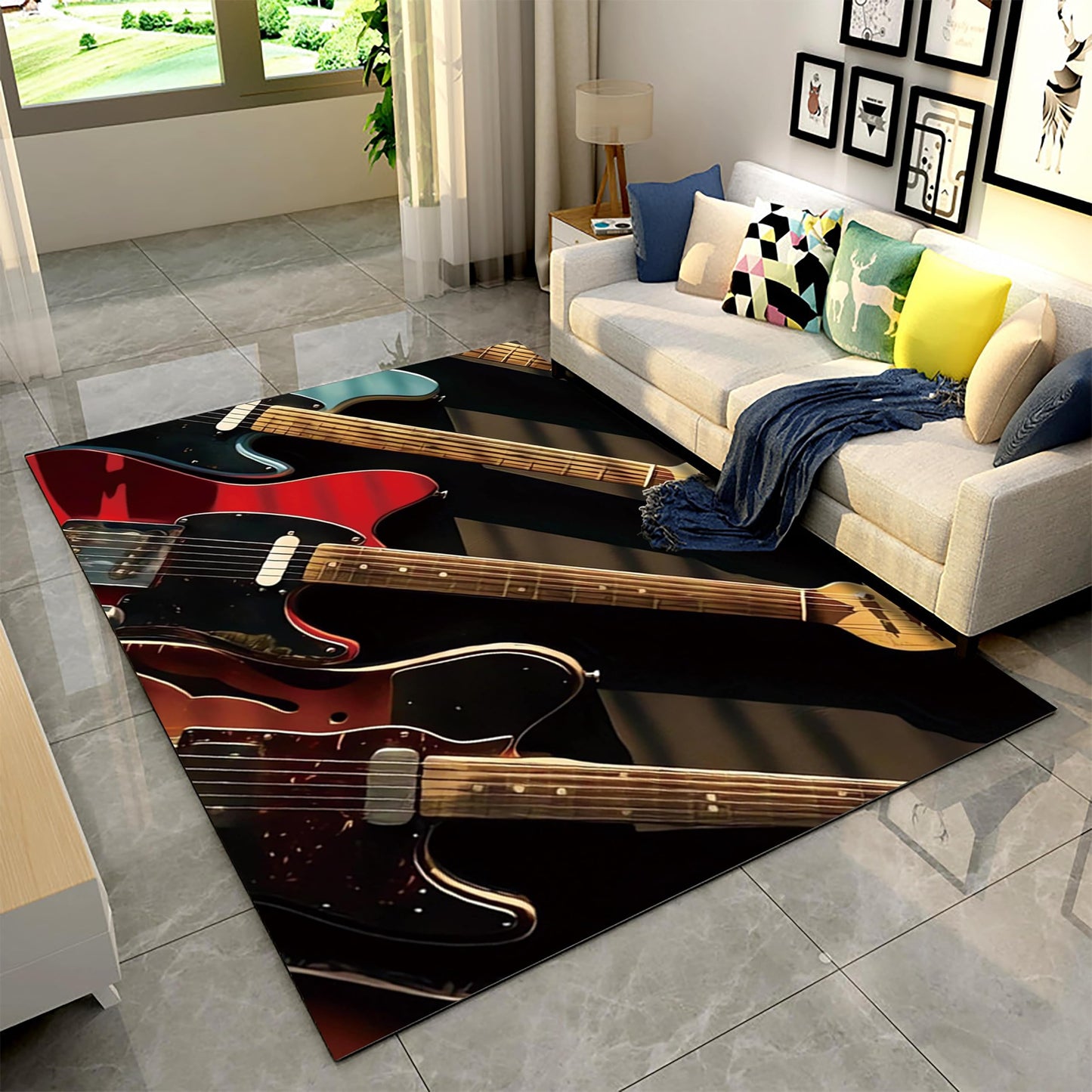 Musical Instrument Carpet for Bedroom, 5x6ft, Electric Guitar Bass Music Classroom Carpet, Durable Home Decorative Rugs, Low Pile No Crease Washable Area Rug for Living Room Runner