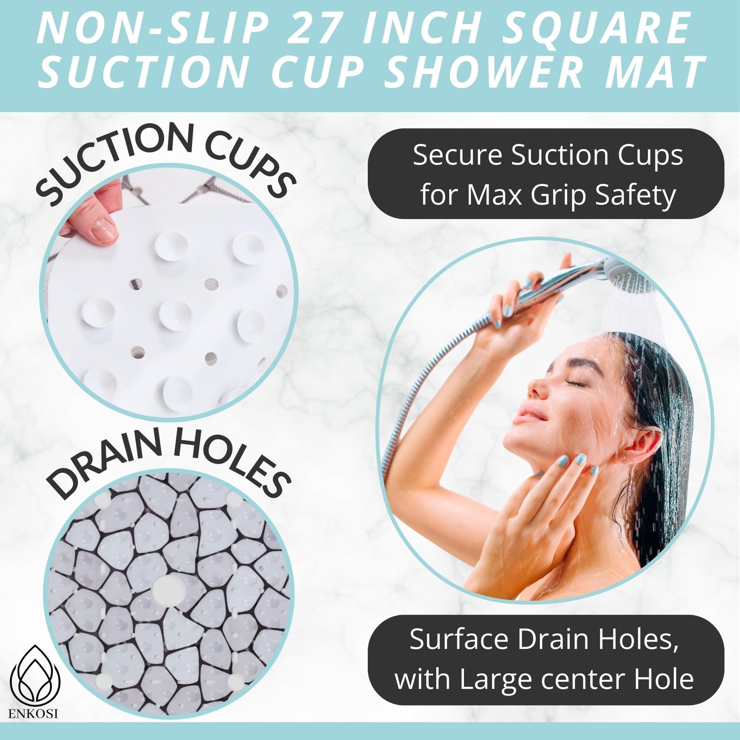 ENKOSI Square Shower Mat 27x27 inch - Anti Slip Shower Stall Floor Mat - Non Slip Shower Mats with Strong Secure Suction Cups and Drain Holes in Middle (27x27 Pebble)