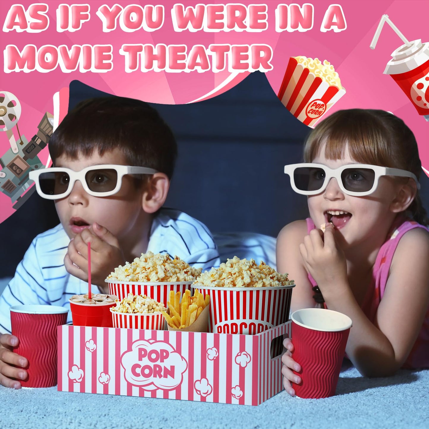Movie Night Supplies Snack Trays with Handles Reusable Wooden Movie Gift Basket for Theater Popcorn Bucket Bowl Box Container Family Room Decor(Cute)