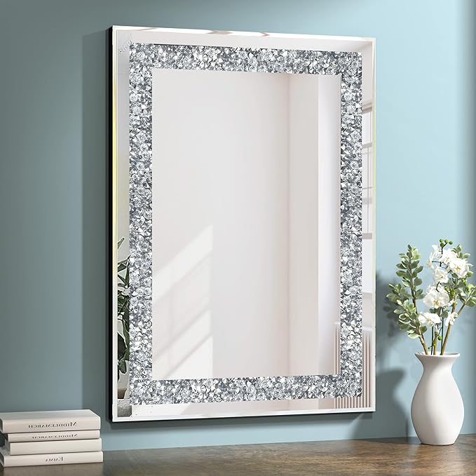 Crystal Decorative Mirror-36 x24 Gorgeous Silver Mirror, Crush Diamond Mirror for Wall Decoration Bedroom, Bathroom, Dining Room and Living Room