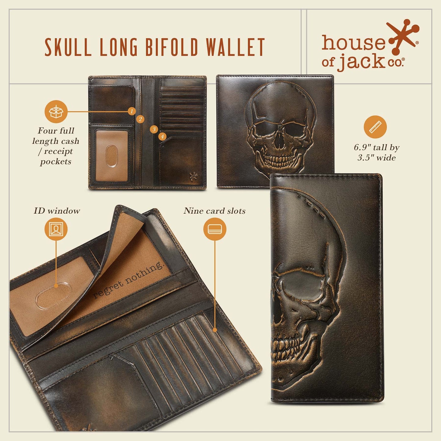 House of Jack Co. Skull Long Bifold Wallet for Men, Full Grain Cowhide Leather Biker Wallet, Rodeo Wallet, Black