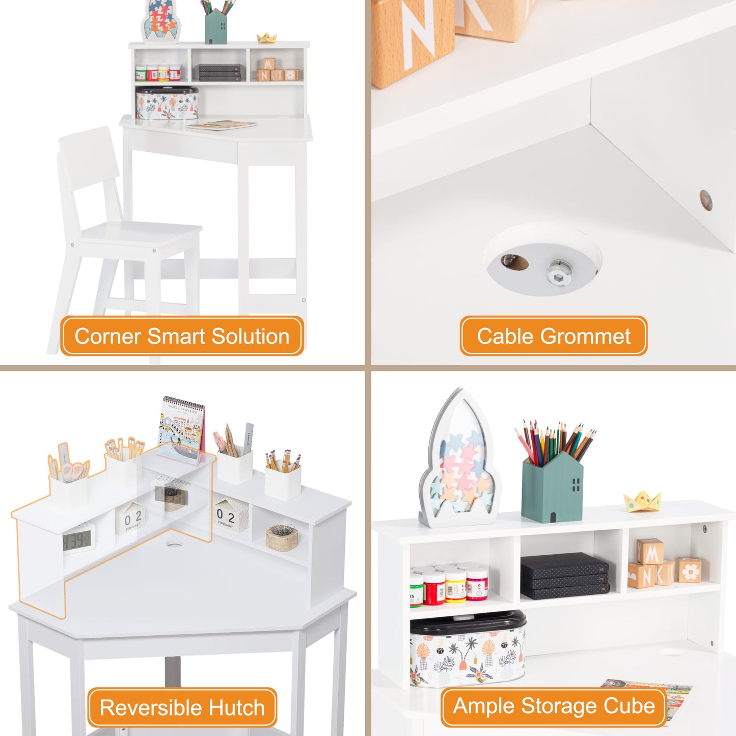 UTEX Kids Desk, Kids Corner Desk and Chair Set, Children Study Table with Storage and Hutch for Home School Use, White