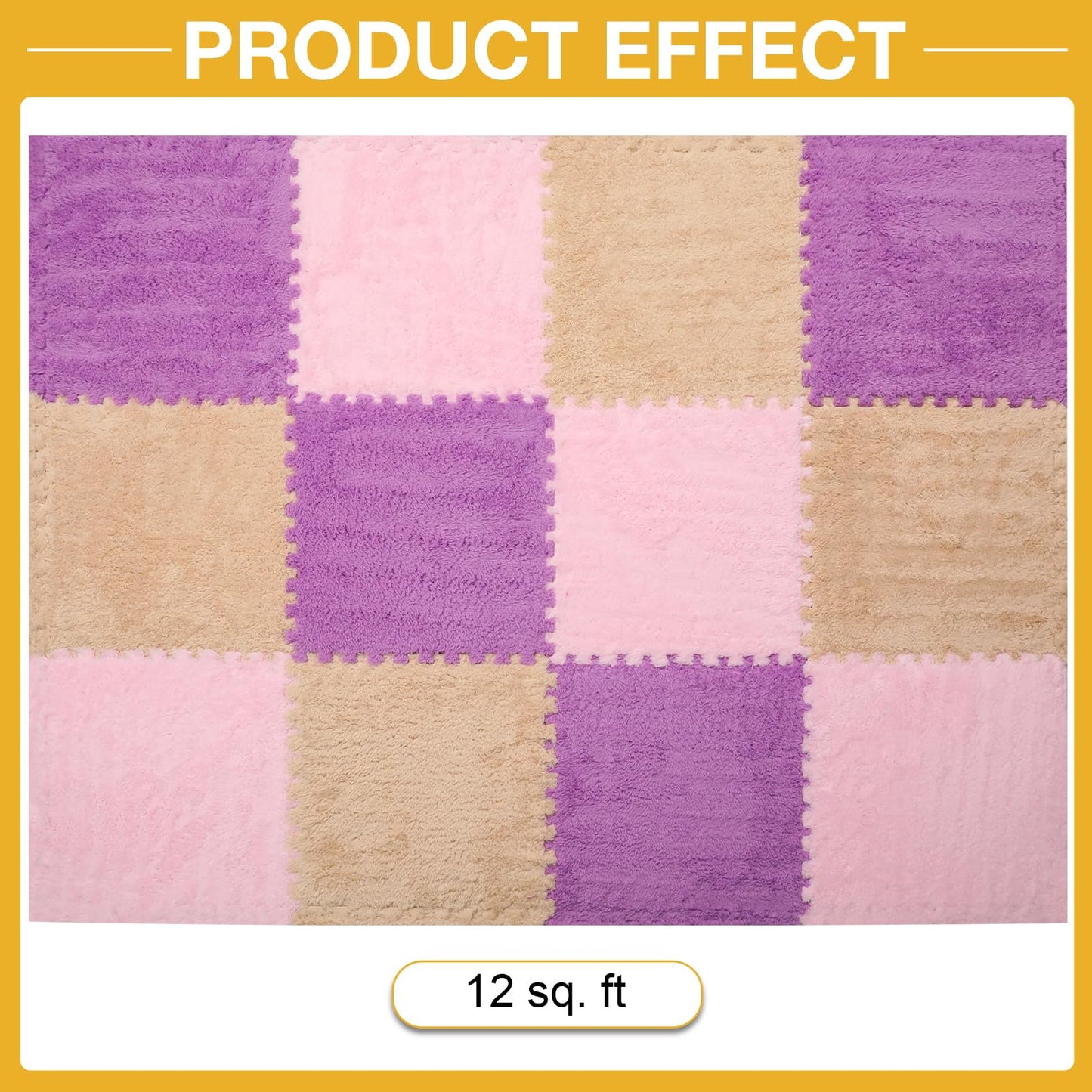 12 Pcs Plush Interlocking Carpet Tiles, Non-Toxic Foam Carpet Tiles for Toddler Baby, Anti-Slip, EVA Foam Interlocking Tiles for Floor, Nursery, Playroom, Purple, Light Brown, Pink