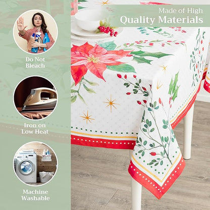 Maison d' Hermine Table Cloth Rectangle Table 100% Cotton 60 x 90 Inches Fall Tablecloth Reusable Everyday Use for Thanksgiving Christmas Decorations Dining Farmhouse Party (Poinsettia Christmas)