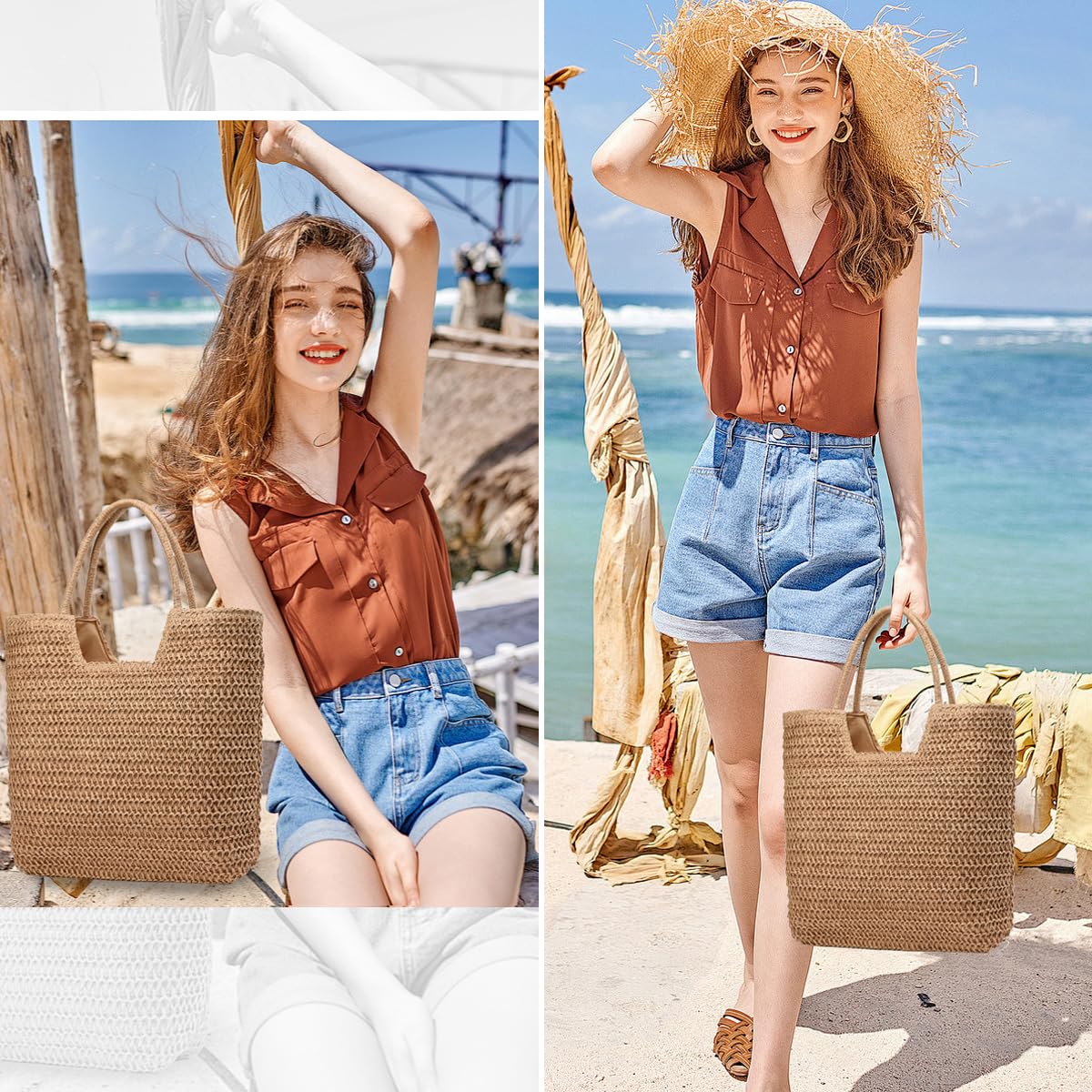 YAVCOOL Straw Beach Bags for Women Woven Beach Tote Bag Casual Boho Large Shoulder Handbags Purse for Vacation Holiday