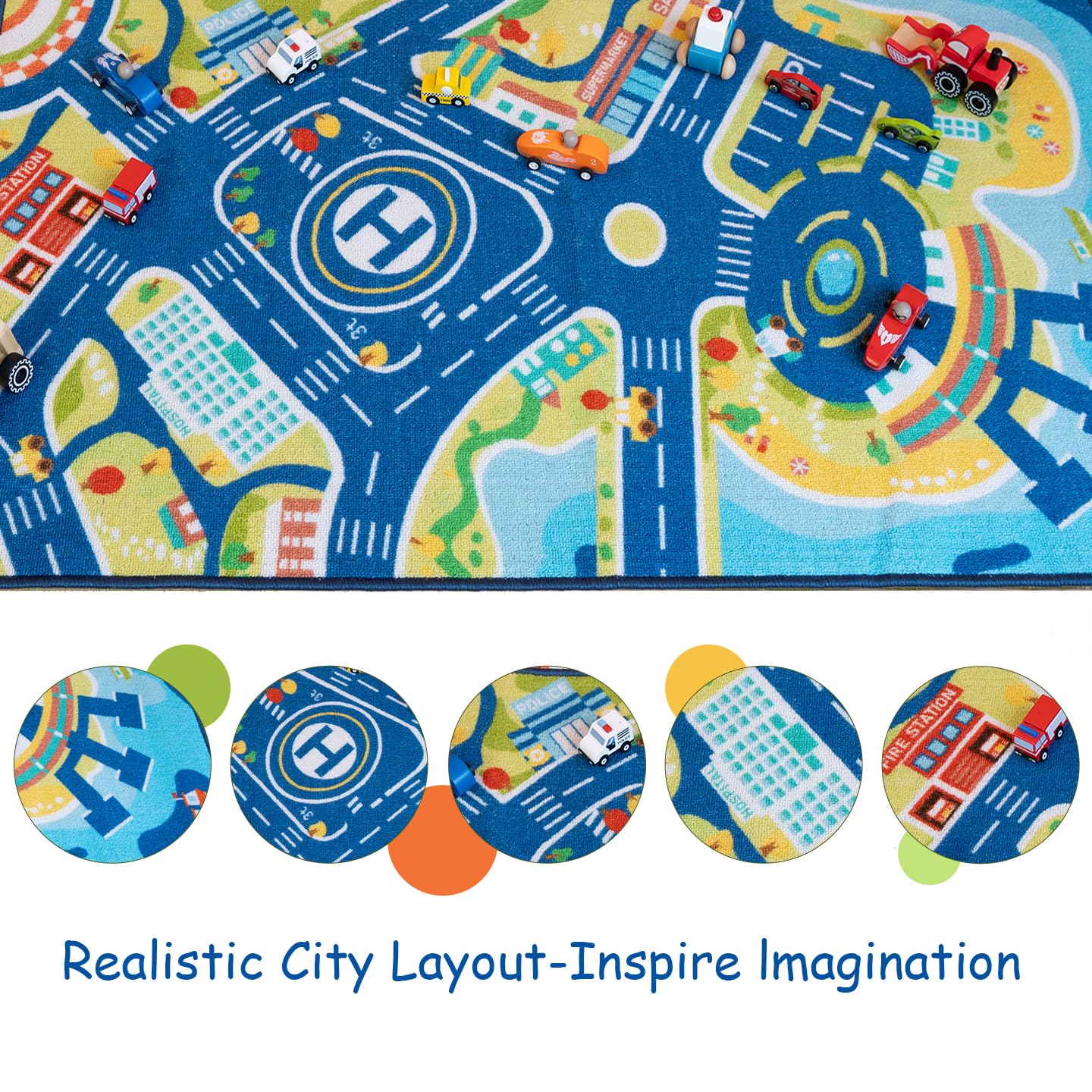 saihe Harbor Town City Road Play Rug for Kids: 27.5" x 51" Educational Blue Road Town Map Area Rug, Machine Washable Non-Slip TPR Backing | Interactive Play Mat for Playroom & Classroom