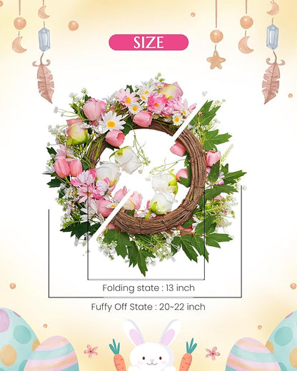 Spring Summer Wreath for Front Door 20”, Artificial Flower Door Wreath with Pink White Roses Tulip Dasiy Wreaths with Hook for Windows Wall Deco Indoor Outdoor