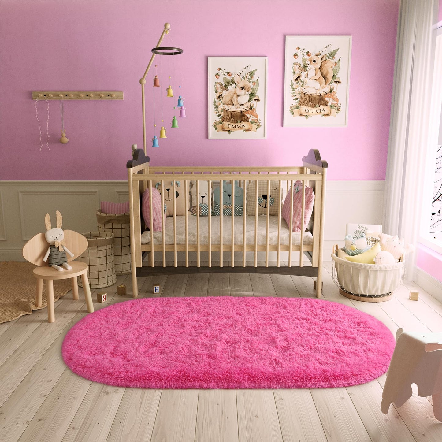LOCHAS Bedroom Rug 2.6' x 5.3', Hot Pink Fluffy Shaggy Area Rug for Bedroom Bedside, Soft Oval Throw Rugs Carpet for Kids Girls Nursery Living Room Home Decor