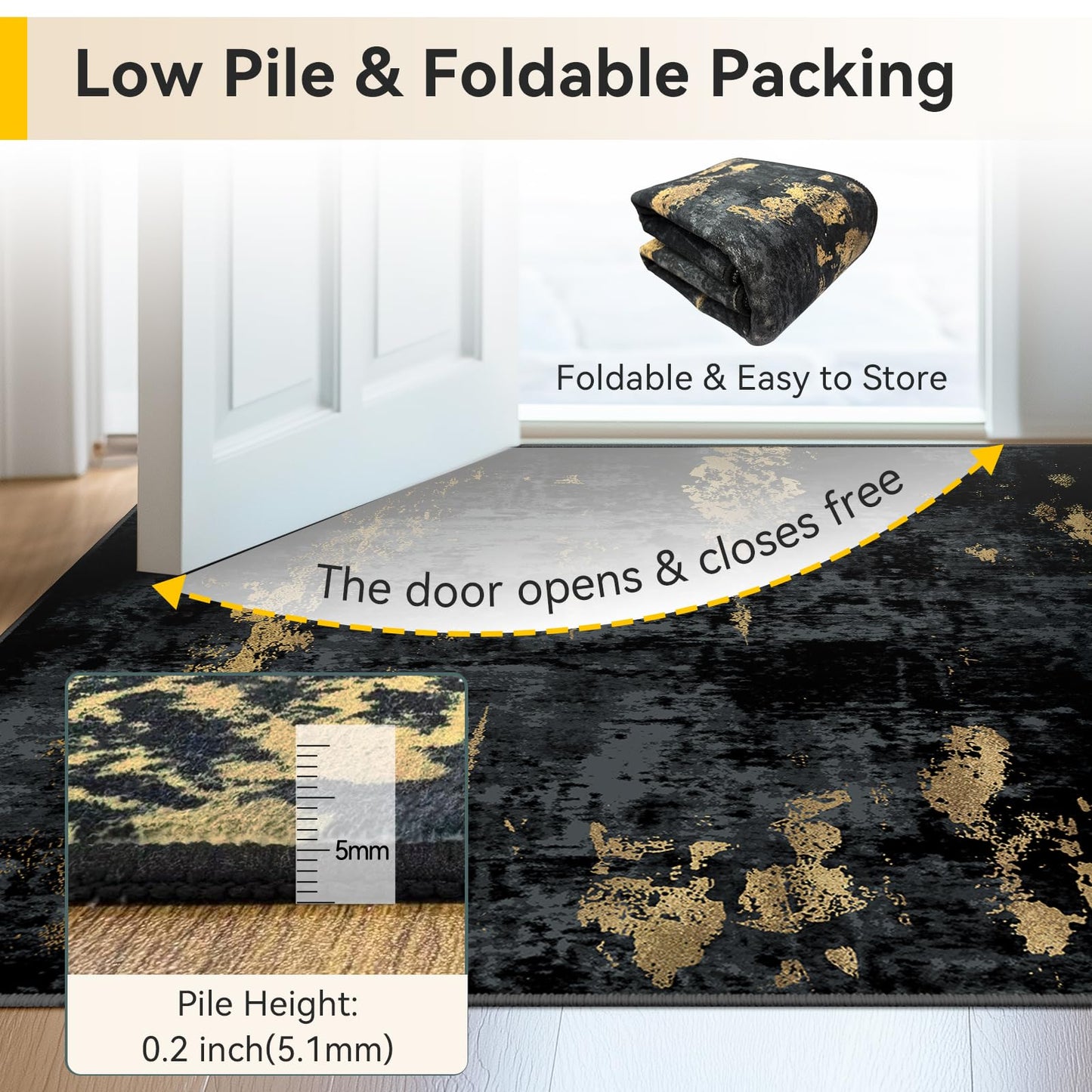 RELEANY Washable Area Rugs 2'x3' Non-Slip Modern Abstract Soft for Living Room Entryway Bedroom Kitchen, Print Pattern, Dark Black Gold
