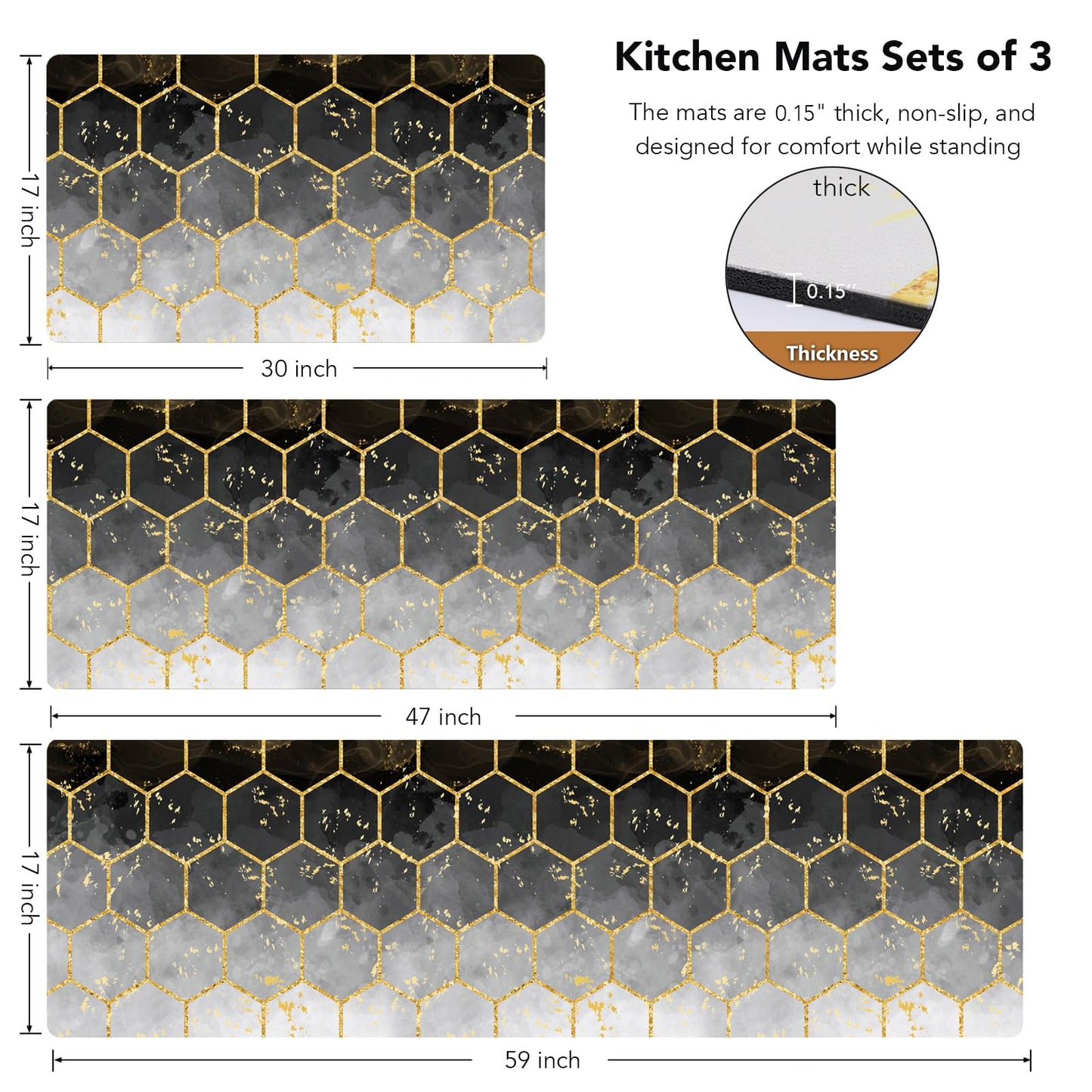3-Piece Kitchen Rugs and Mats Set, Cushioned No-Slip Resistant Kitchen Mats for Floor, Luxury Gold Hexagon Geometric Comfort Floor Mats, Black Washable Runner Rug for Kitchen Sink, Laundry, Office