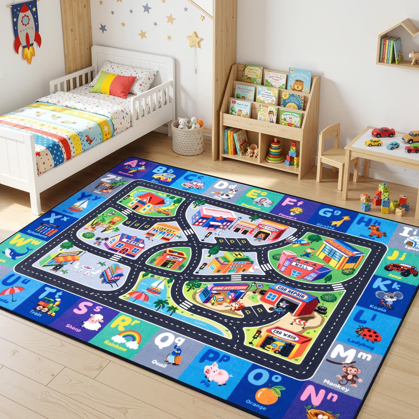 Rogara Car Rug Playmat, City Road Map Kids Rug, Educational Learning Play Mat, Soft Non-Slip Machine Washable ABC Alphabet Carpet for Bedroom Nursery Preschool Classroom
