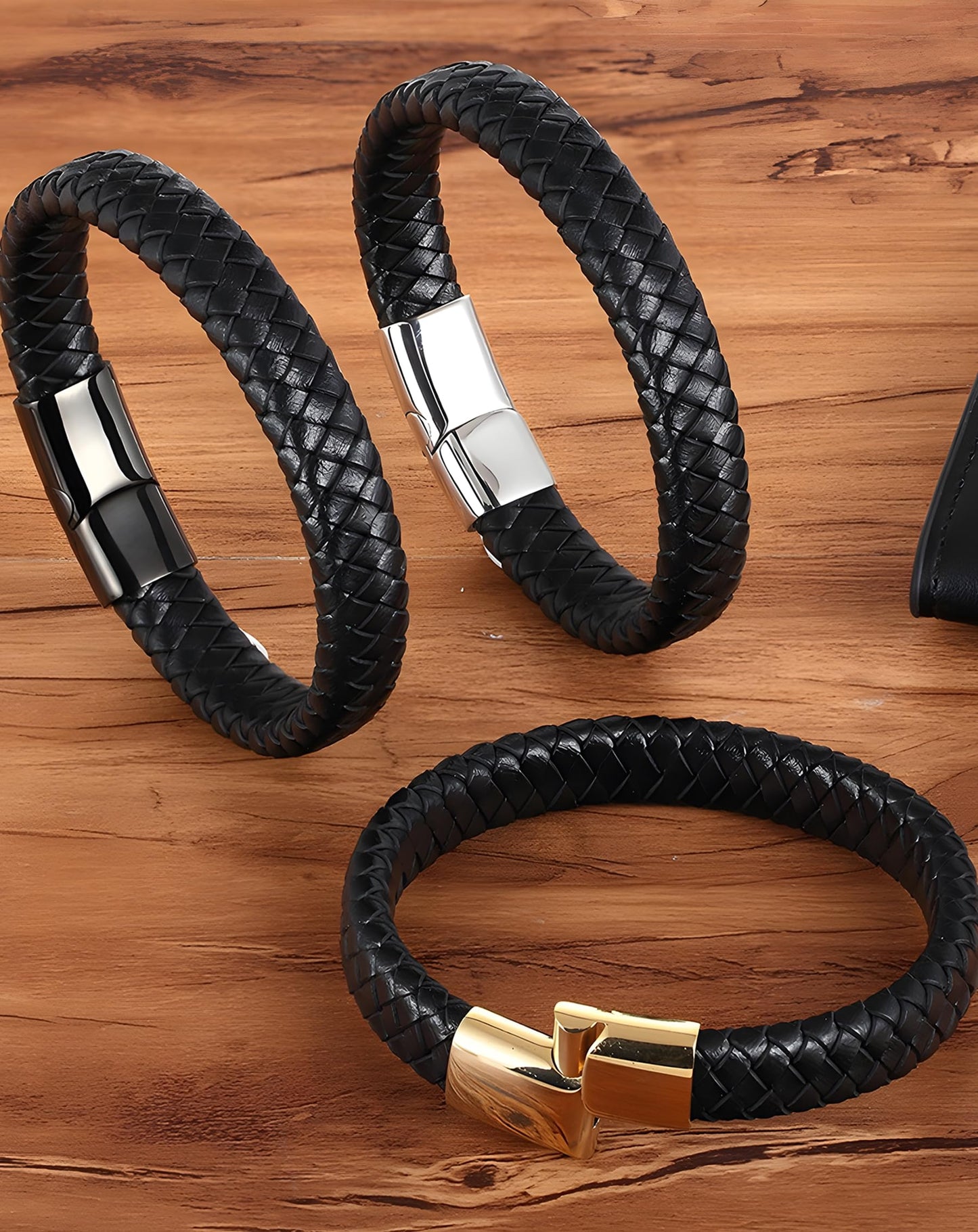 Deerllia Leather Bracelet for Men, Braided Cuff with Stainless Steel Clasp Stacked Multi Style Color Anniversary Father's Day Birthday Christmas Jewelry Gifts for Him, Black Clasp Brown Leather
