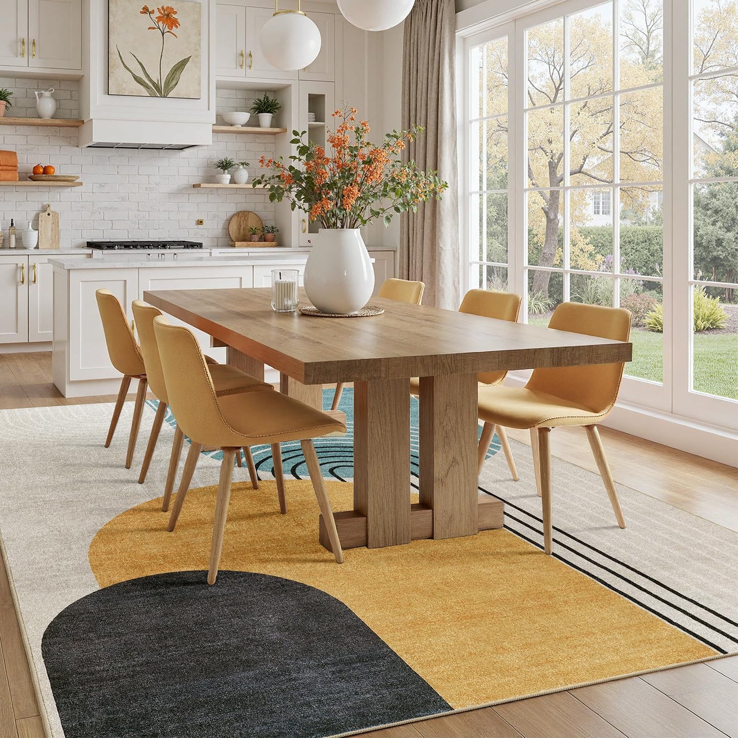 DCX Abstract Machine Washable 5x7 Rug, Mid Century Modern Rug for Living Room, Soft Low Pile Non Slip Carpet, Kid & Pet Friendly Stain Resistant Rug for Bedroom Dining Room Office, Blue & Yellow