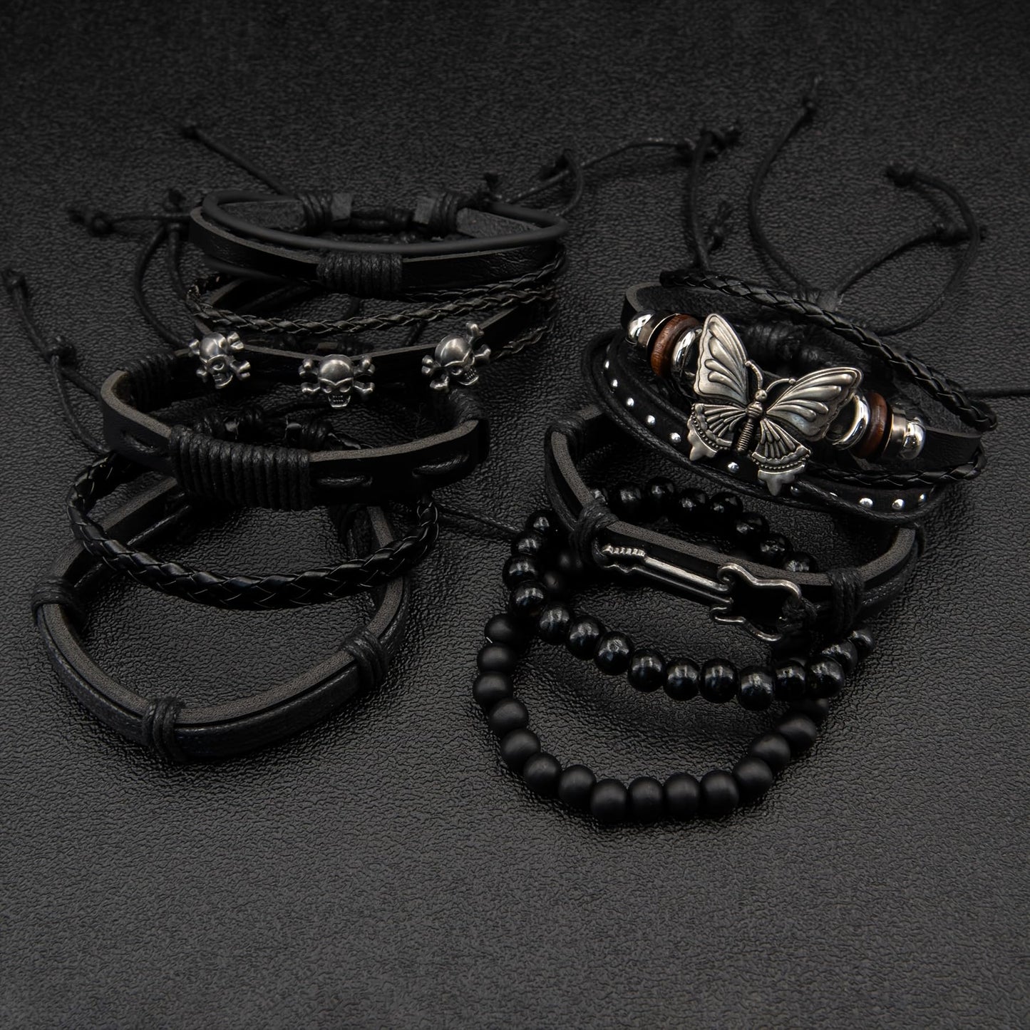 Aijewelop 10pcs/set Black Punk Style PU Leather Bracelet Set - Adjustable Cuff Wraps for Men & Women, Perfect for Casual Attire & Gifting