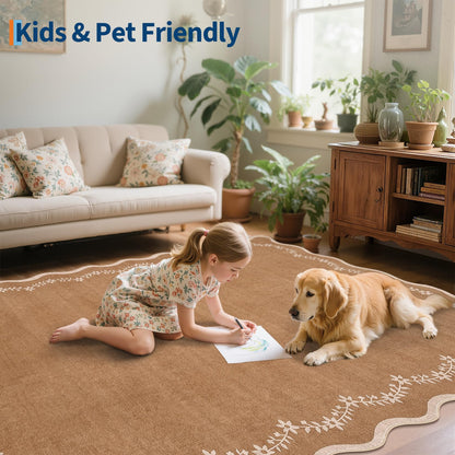 GarveeHome 5x7 Scalloped Area Rug Brown Washable Rugs for Living Room Bedroom, Soft Low Pile Non Slip Accent Floor Mat Solid Floral Print Throw Rug Farmhouse Indoor Carpet for Dorm Playroom