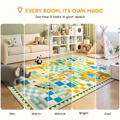 4x6 Washable Kid Playroom Rug, Unisex Green Safari Jungle Woodland Animal Toddler Carpet, Soft Non-Slip Baby Nursery Area Rug with Cute Colorful Checkered Design for Boy Bedroom