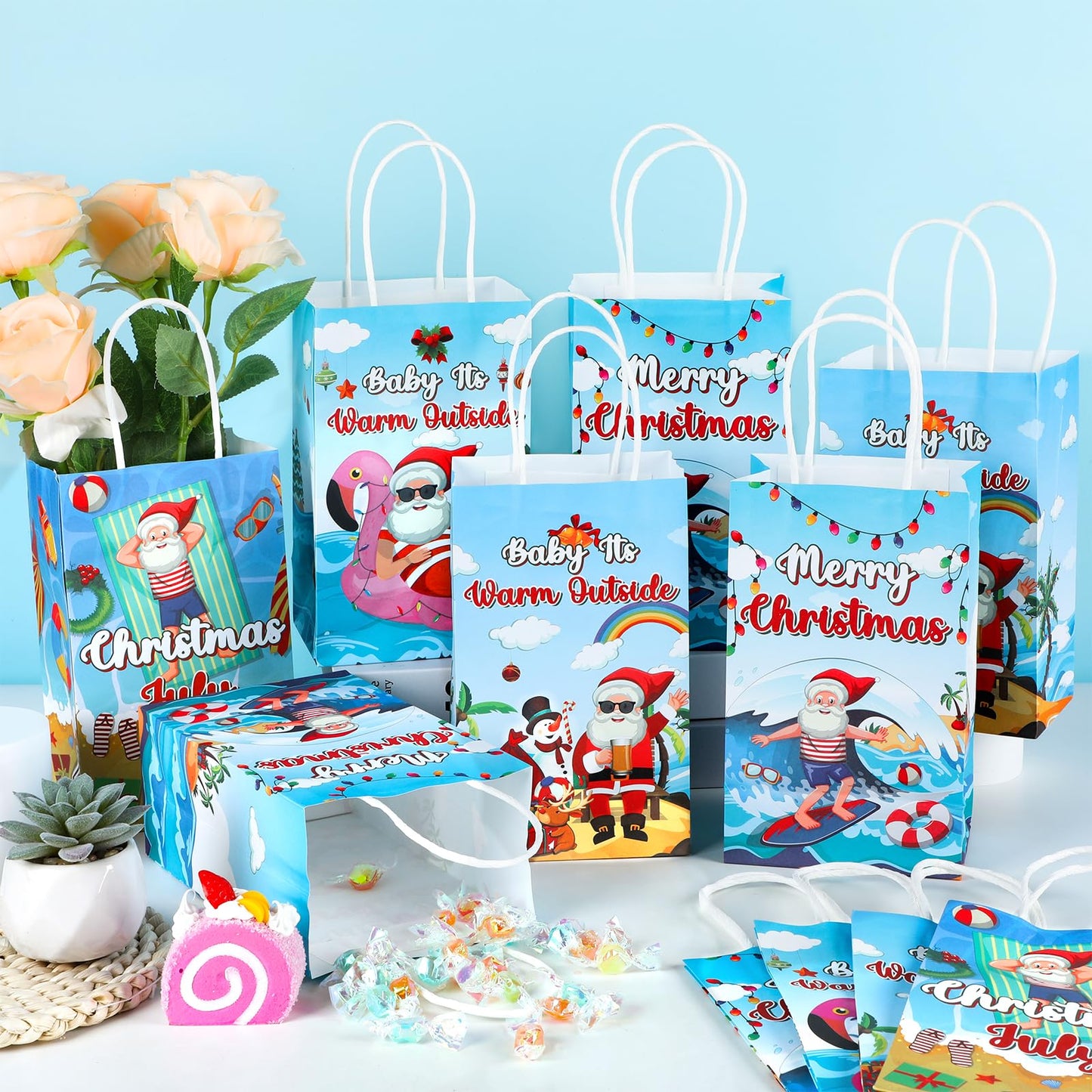 24PCS July Christmas Party Favor Bags Christmas Tropical Party Disposable Treat Bags with Handles Hawaiian Gift Bags for Summer Christmas Theme Hawaiian Beach Birthday Party Decorations Supplies