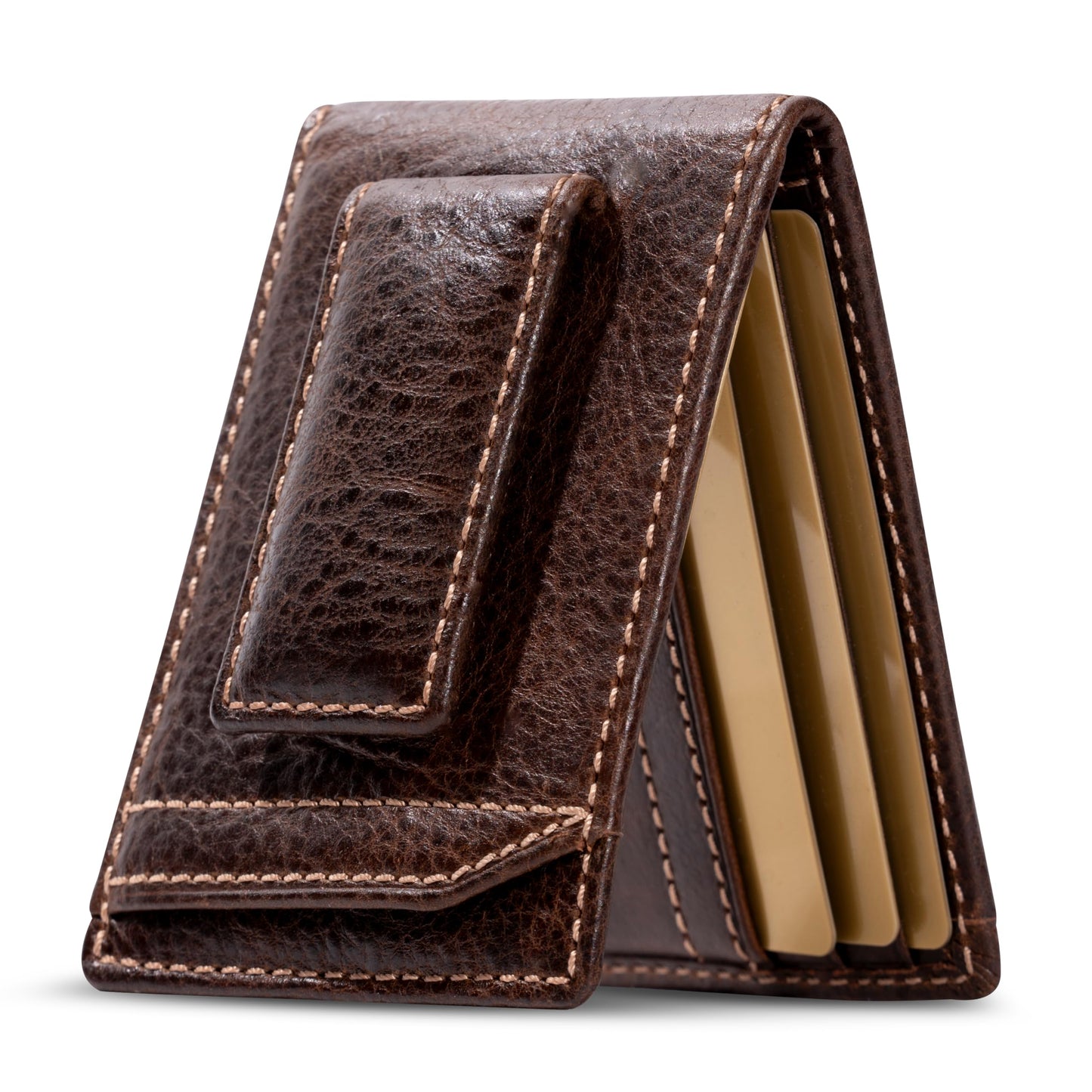 House of Jack Co. Ivor Men's Bifold Money Clip Wallet, Super Strong Magnetic Clip Holds 15+ Bills, Full Grain Leather Slim Front Pocket Wallet, 10 Card Holder, Gift for Men, Brown