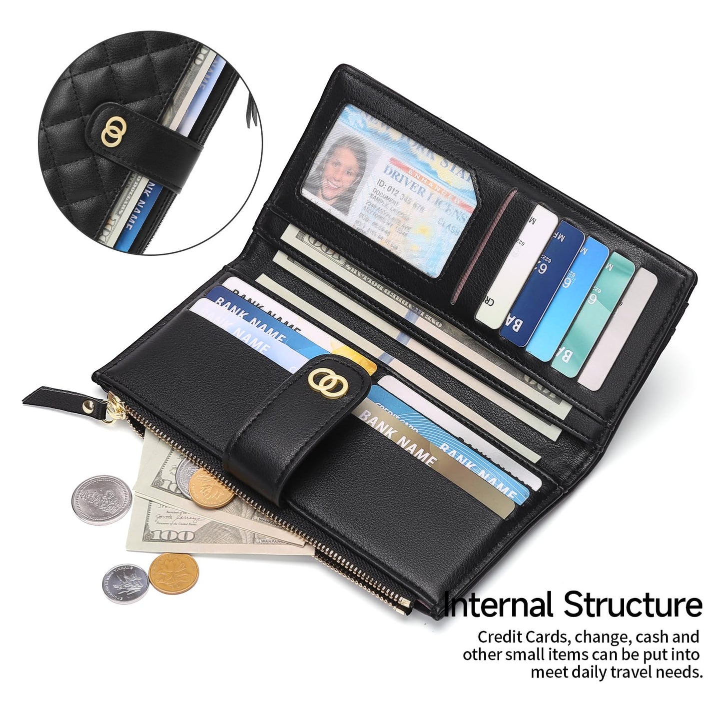 RNIEGA Womens Wallet Slim Rfid Blocking Bifold Leather Credit Card Wallets for Women Clutch with Zipper Coin Pocket
