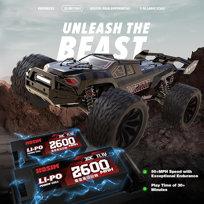 Hosim Mini 1/8 RC Truck for Adults Fast 50+mph Vortan Electric RTR Brushless RC Cars All Terrain 4WD Off Road Hobby RC Car Waterproof Remote Control Car for Snow/Sand/Beach Toy Gift with 3S Battery
