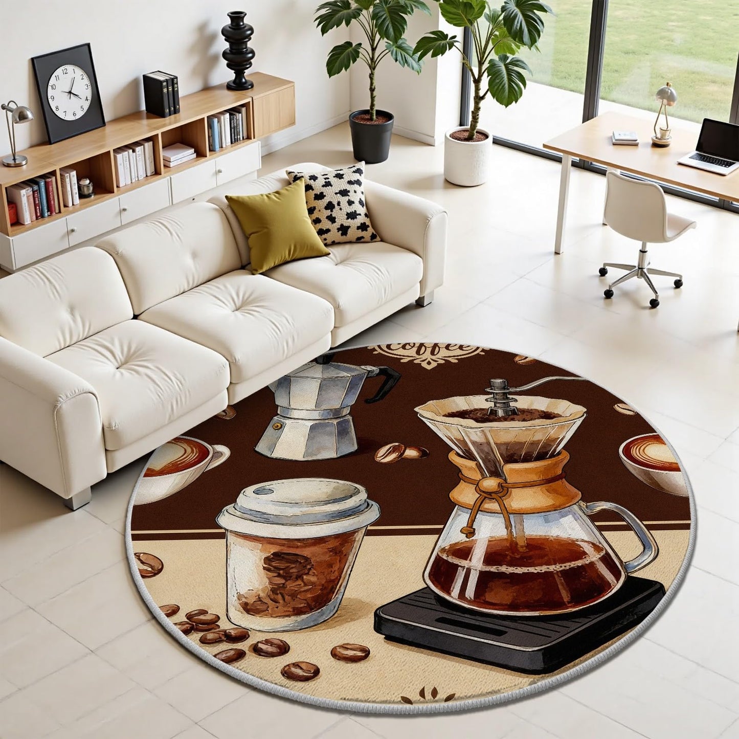 Egljss 4ft Round Rug, Coffee Bean Circle Area Rug for Living Room, Brown Round Carpet for Bedroom, Coffee Cup Circle Washable Rugs for Dining Table, Rugs Non Slip Kitchen