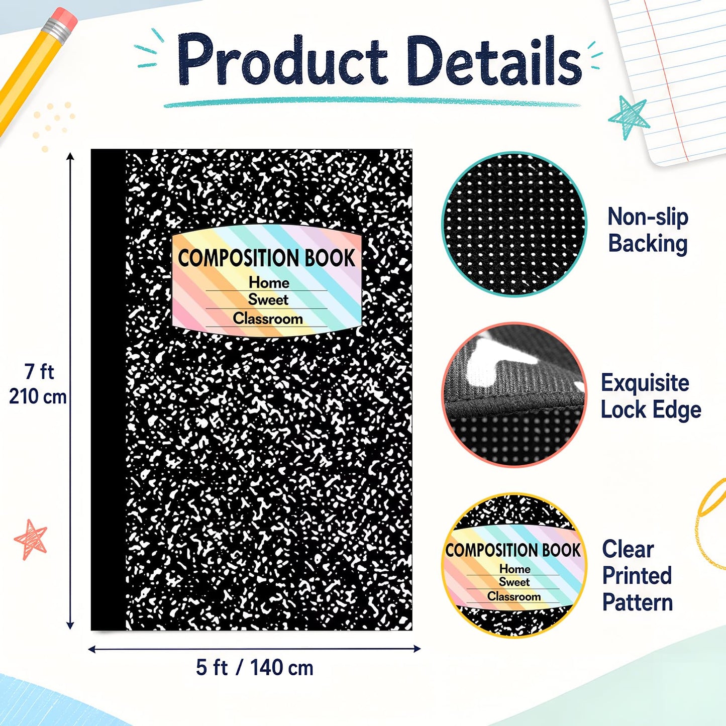APUDWN Composition Notebook Classroom Rug 7x5 Ft Large Non Slip Educational Area Carpet Soft Back to School Floor Mat Decor for First Day Teacher Party Gift Nursery Playroom Homeschool Reading Corner