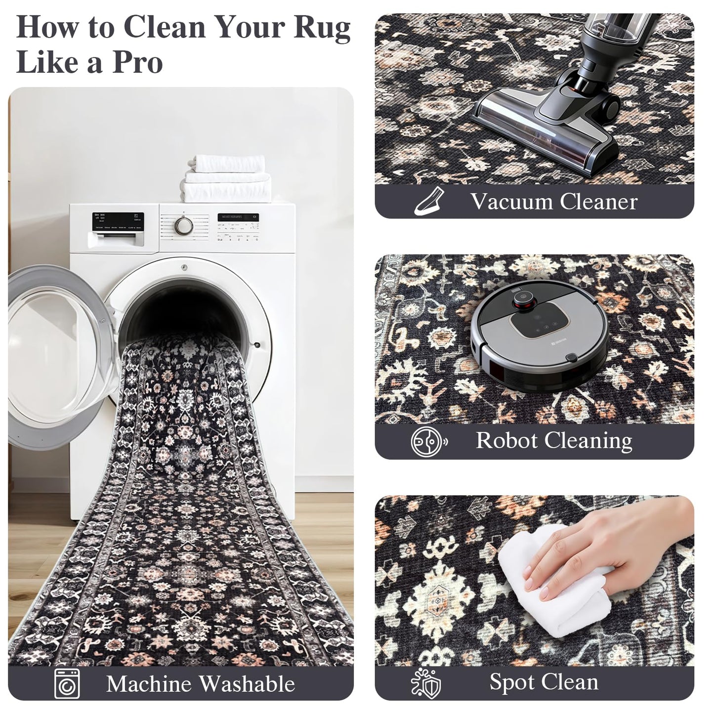 Washable 3x3 Square Rug for Entry Bathroom Kitchen Bedroom Carpet - Non Slip Low Pile Soft Throw Door mat - Protect Hardwood and Laminate Flooring Floral Farmhouse Decor 3x3 Black