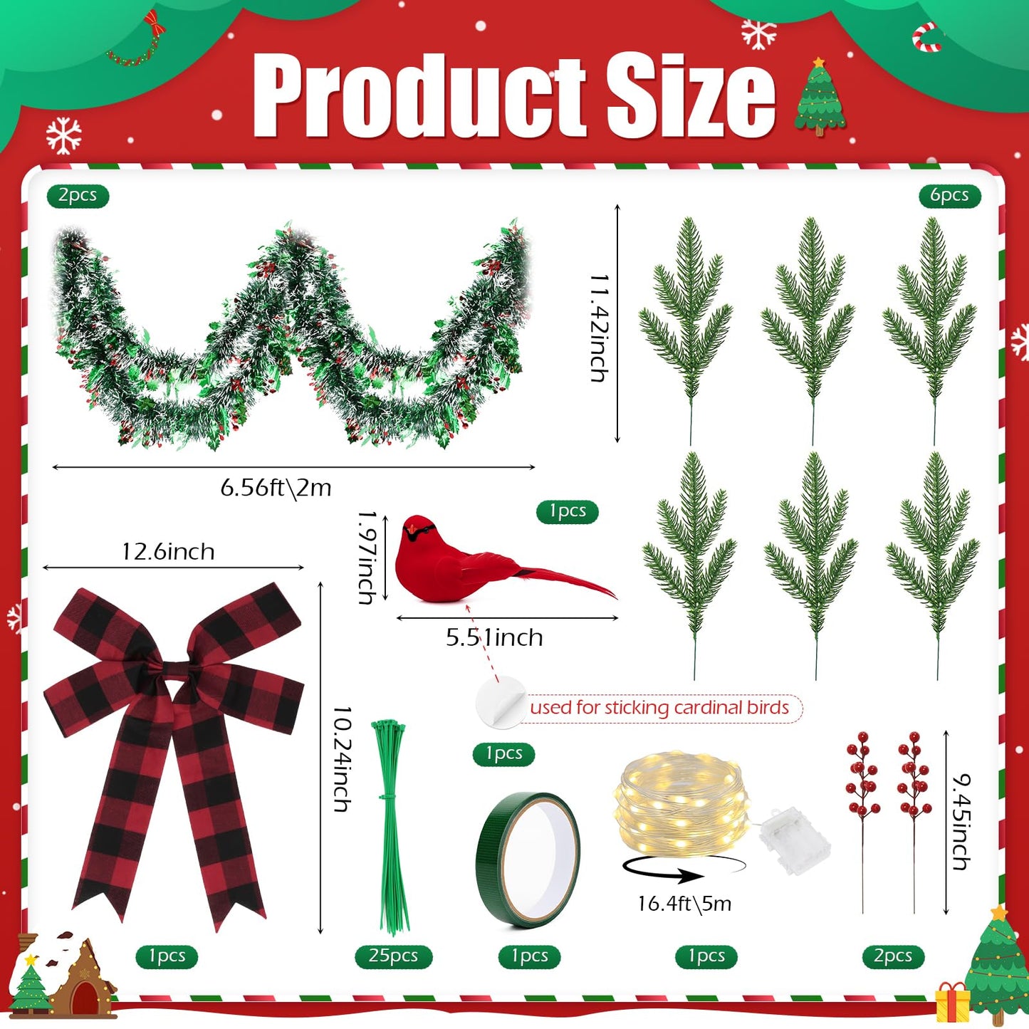 YIBOBO 13Pcs Christmas Lamp Post Decoration Set Include String Light, Pine Branches, Red Berries, Tinsel Garlands, Checkered Bow and Cardinal Bird for Outdoor Holiday Porch Lawn, NOT Include Lamp Post