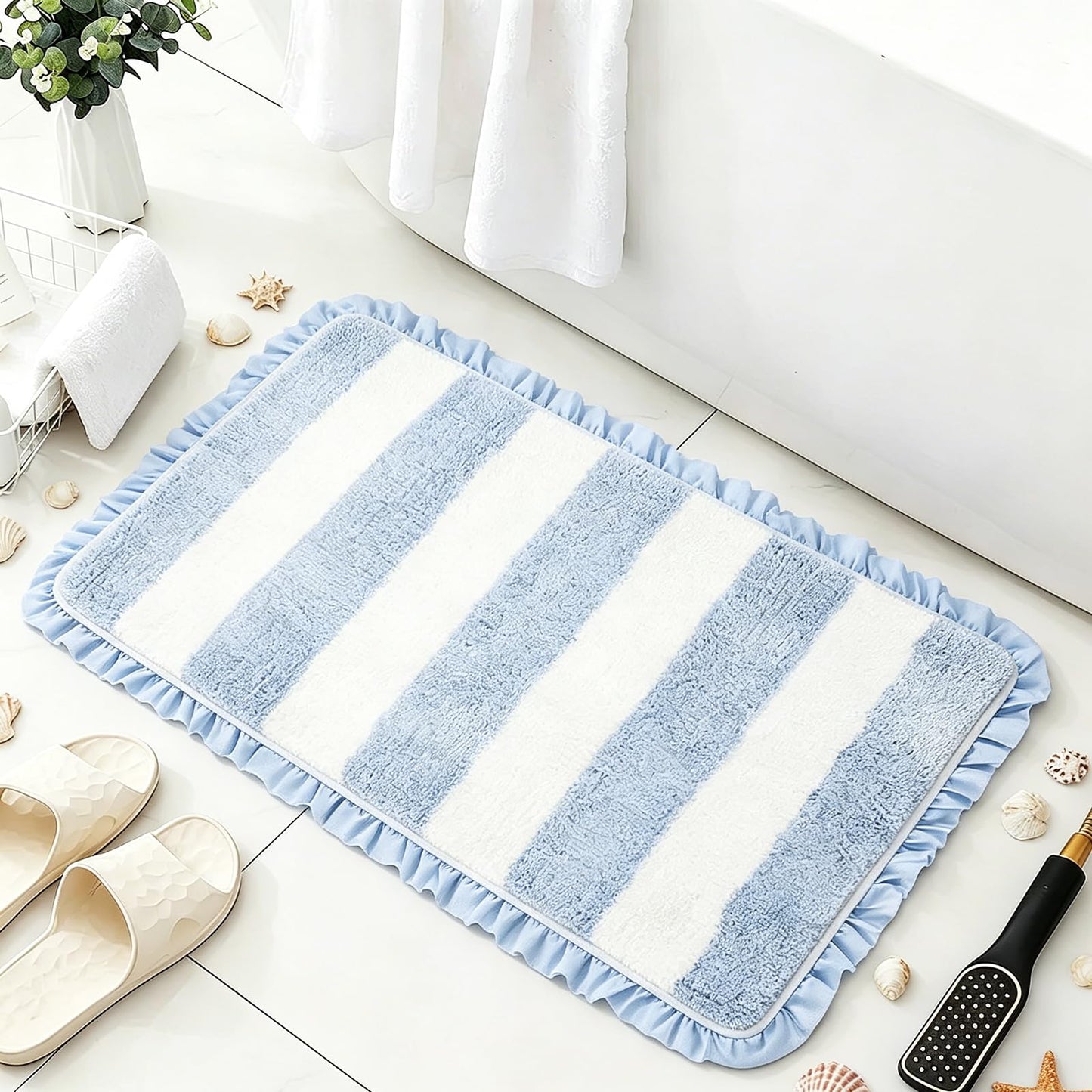 JarThenaAMCS Coastal Scalloped Striped Bath Mat with Ruffled Edges 20 x 32'' Blue White Bathroom Rug Cute Microfiber Aesthetic Bath Mat Non Slip Washable Absorbent Ocean Room Decor for Summer Gift