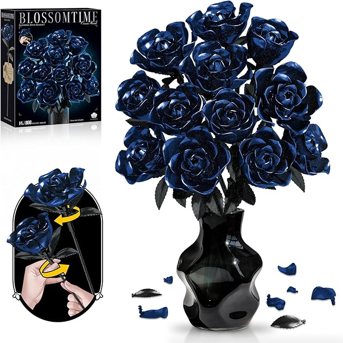 Rose Rotating Everlasting Flower Building Set (866PCS) Compatible Artificial Bouquet Elegant Home/Office Decor Accent for Tabletop Display Long-Lasting Home Decoration (Blue)