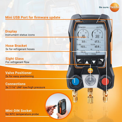 testo 550s AC Manifold Gauge Set – Manifold Gauges HVAC – Incl. 2 Wired Temperature Clamp Probes – Recharge Kit with Superheat, Subcooling For AC, Refrigeration & Heat Pumps – Bluetooth