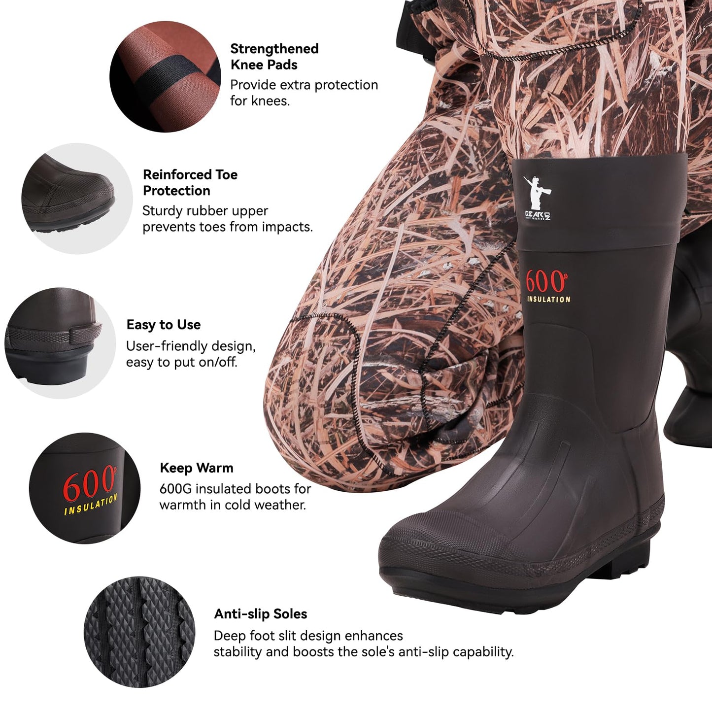 GearOZ Duck Hunting Waders for Men, Waterproof Bootfoot Chest Wader Insulated Neoprene Camo Waders with Boot Hanger for Fishing, Waterfowl Hunting Breathable Hunter Waders Weighters, Size 10
