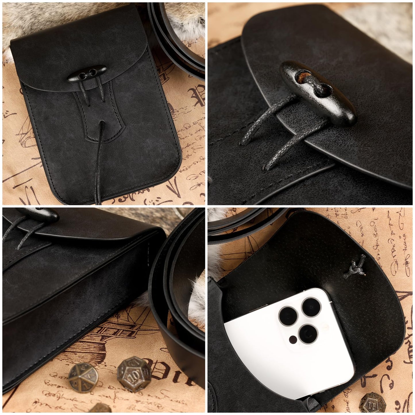 HiiFeuer Medieval Faux Leather Belt Bag, Vintage Renaissance Belt Pouch Fanny Pack Purse, Waist Bag Cosplay for Ren Faire (Black A)
