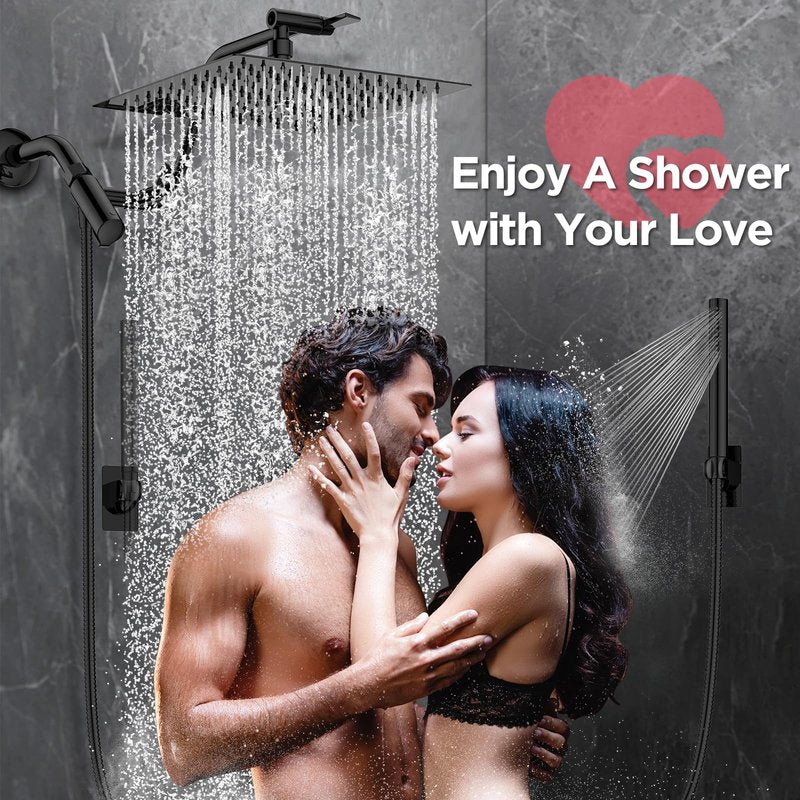 HOPOPRO 10” All Metal Rainfall Shower Head Combo with Handheld Spray, High Pressure Showerhead Combination, Adjustable Dual Showerheads with Extension Arm, Full-Body Coverage Shower Experience, Black