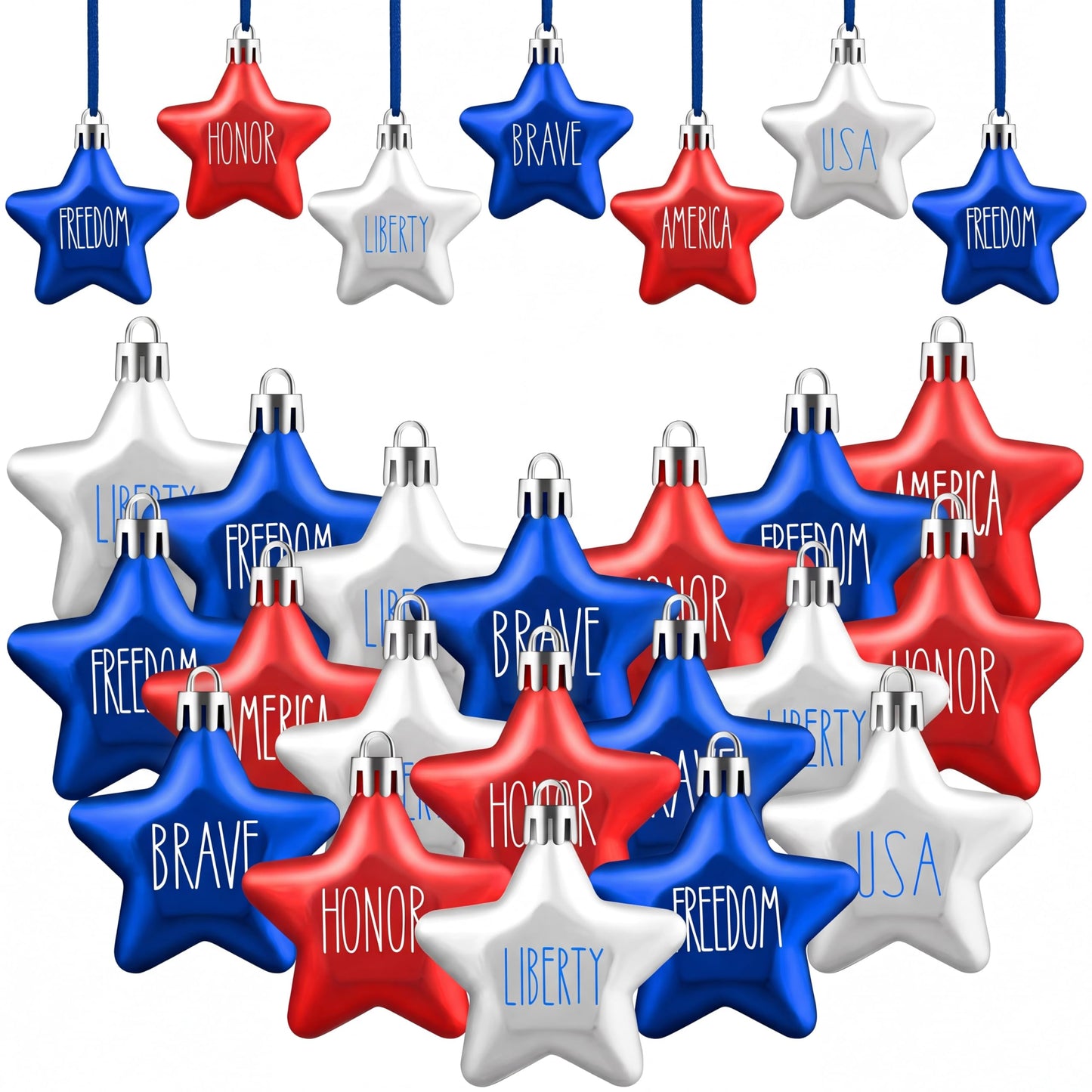 Honoson 48 Pcs 4th of July Hanging Ornaments Patriotic Star Tree Decorations Star Memorial Day Hanging Ornament Red Blue White 250th Anniversary Mini Decorations for Tree (Red,Navy Blue,Silver)