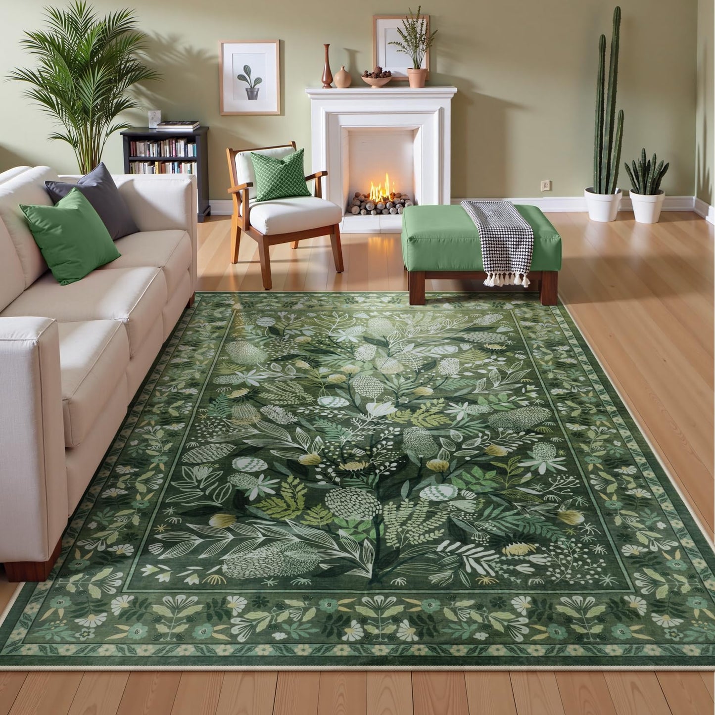Anidaroel Green Botanical Floral Washable 5x7 Area Rugs, Abstract Large Rugs for Living Room Non-Slip Soft Modern Rugs for Bedroom, Stain Resistant Accent Floor Carpet for Dining Room Entryway