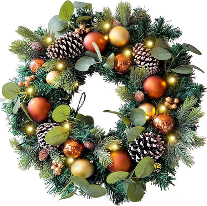 WANNA-CUL Pre-Lit 20 Inch Lighted Christmas Wreath for Front Door Decoration with Copper Gold Christmas Ball Ornaments,Battery Operated 30 LED Lights