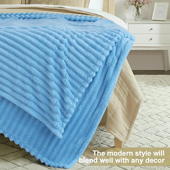 decorUhome Soft Fleece Blue Throw Blanket for Couch, Cozy Fluffy Plush Flannel Striped Blanket for Sofa Bed, Lightweight Decorative Ribbed Fuzzy Blanket for Woman, 50x60 Inches