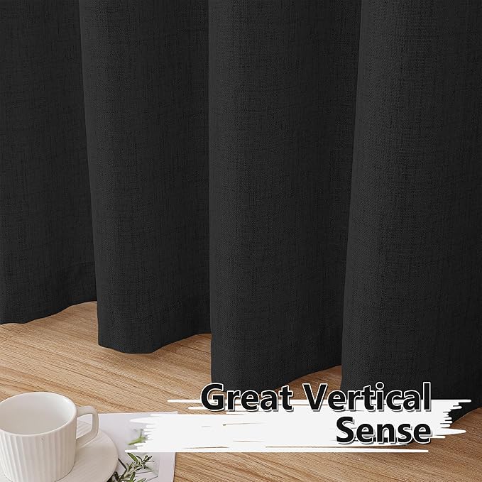 Tollpiz Linen Curtain Living Room Rod Pocket Semi Sheer Curtains Burlap Light Filtering Thick Linen Drape for Bedroom, 54 x 72 inches Long, Black, Set of 2 Panels