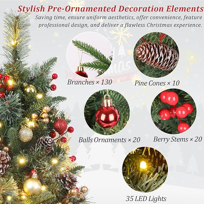 Set of 2 Outdoor Pathway Christmas Trees, 30in Artificial Xmas Tree with 35 LED Lights, 8 Lighting Modes & Timer, Red & Gold Berries, Ball Ornaments, Holiday Décor for Driveway, Porch, Yard