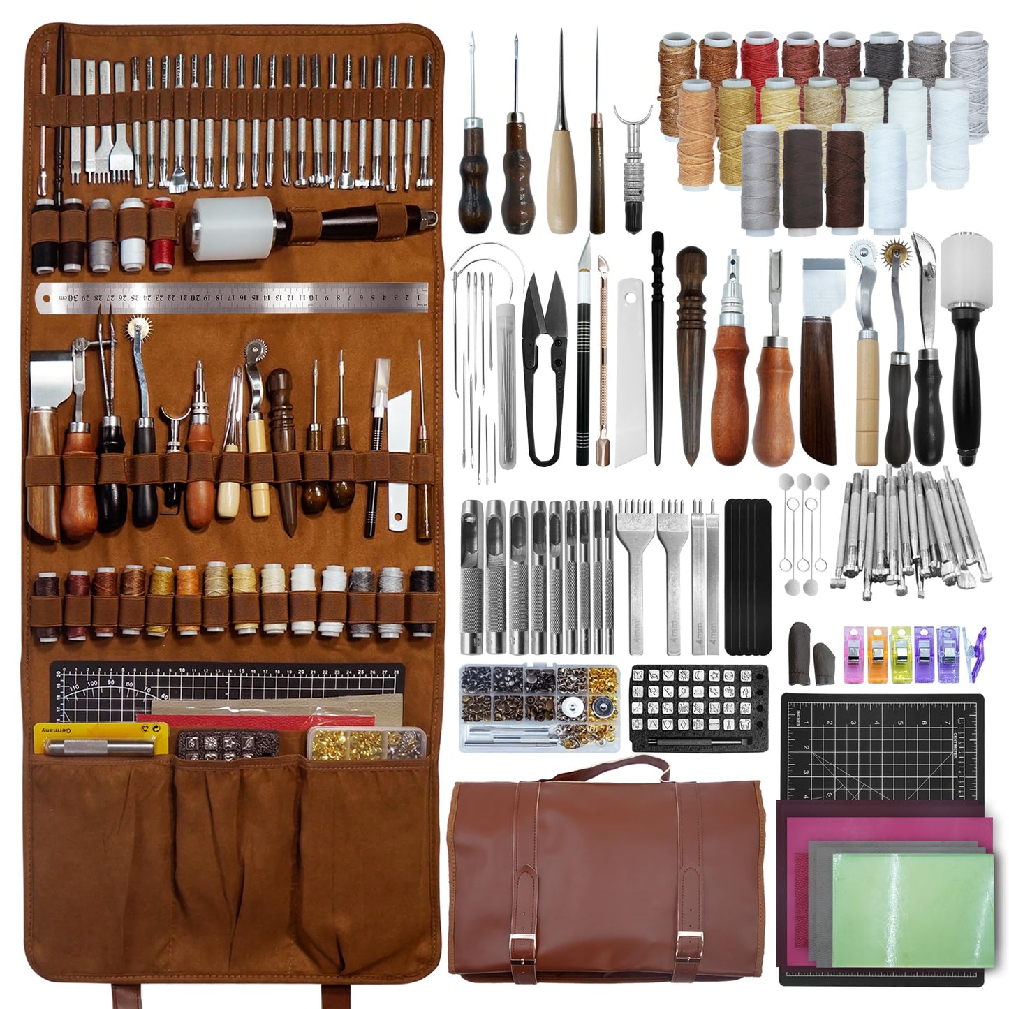 FIOQE Leather Tooling Kit Leather Craft Tools Leatherworking Kit 588Pcs DIY Set with Handbag for Bag Belt Wallet Engraving Punching Sewing Stamping Tools Professional