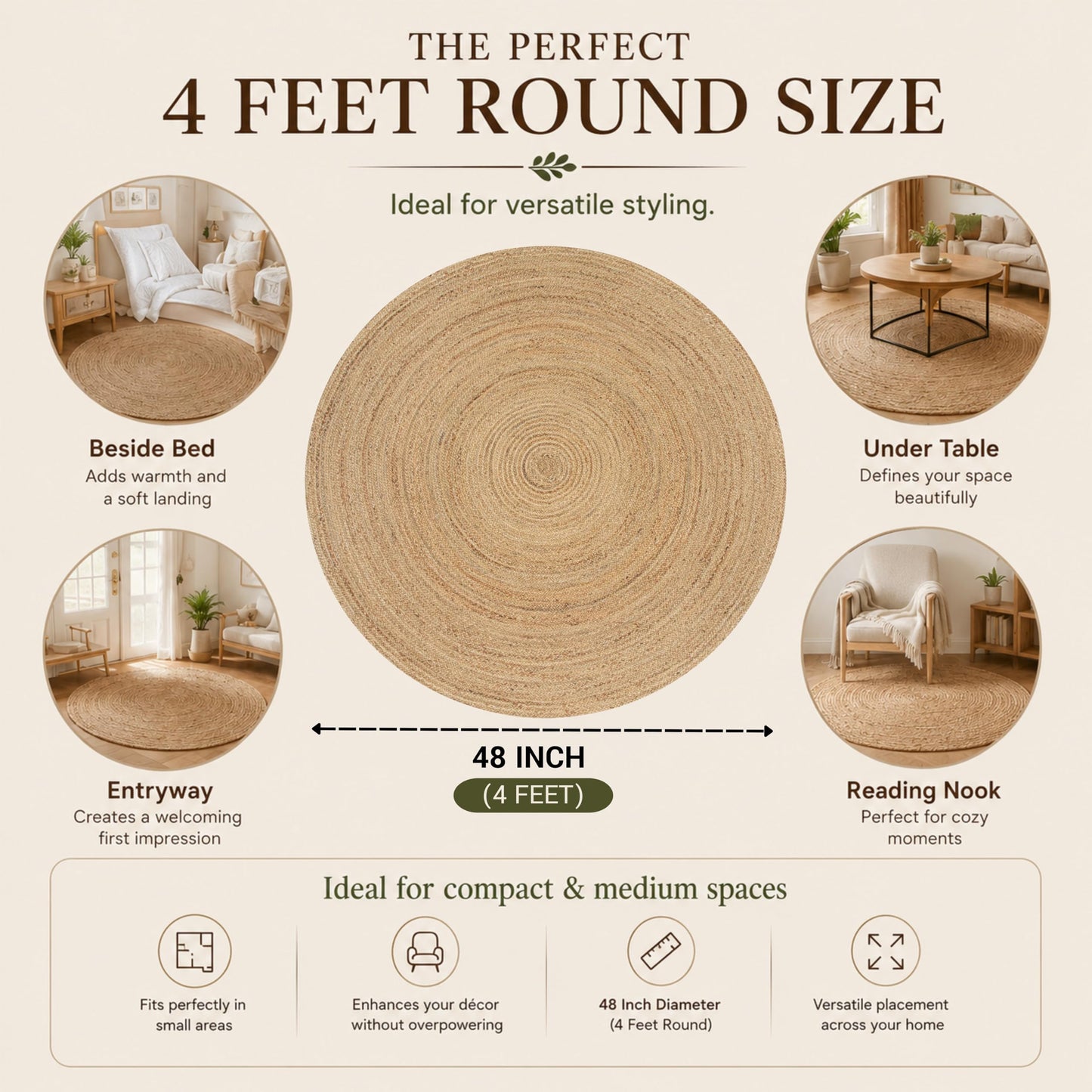 Jute Braided Area Rug, Natural - 4 Feet Round, Boho Neutral Rattan Circle Hand Woven Rugs for Living Room, Bedroom, Nursery, Kitchen, Indoor Use | Farmhouse Rustic Patio Floor Mat for Home Décor