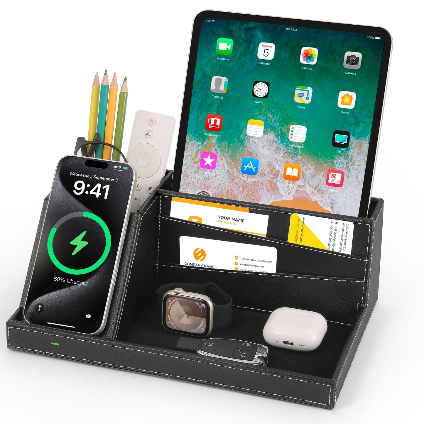 Fast Wireless Charging Station with Desk Organizer for iPhone 17/16/15/15 Pro/14/14 Pro Max/14 Pro/14 Plus/13/13 Pro Max/13 Pro/and iPhone 12/11 Series, Nightstand Desktop Organizer for Home Office