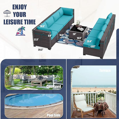 Kurapika 9 Pieces Patio Furniture Set, Rattan Wicker Outdoor Conversation Sets w/4 Inch Cushion and Glass Coffee Table(Blue)