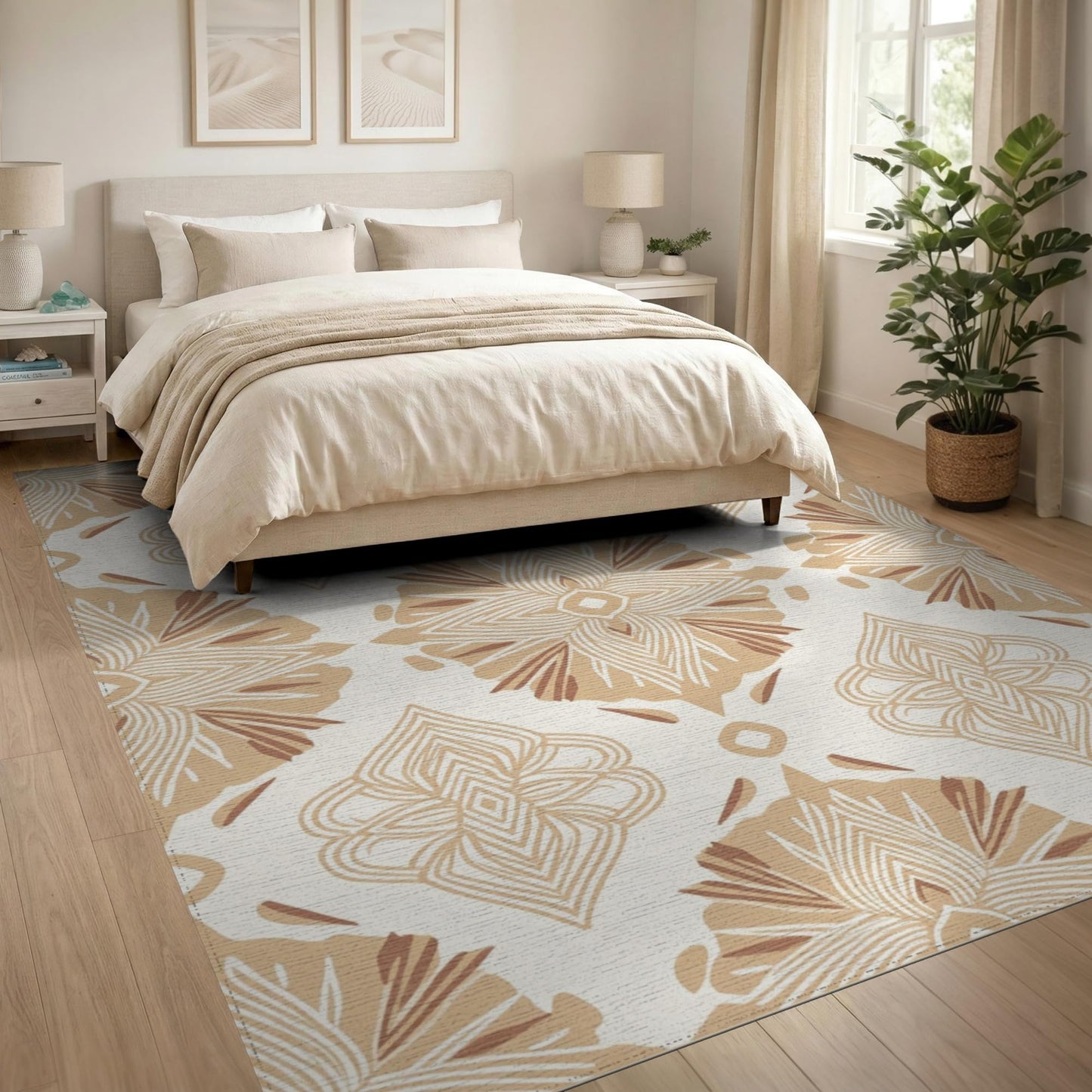ODIKA 8'x10' Neutral Boho Contemporary Irregular Shape Balanced Palette Ivory Washable Area Rug for Dining Room, Large Office, Lounge, Non-Slip Chair-Friendly