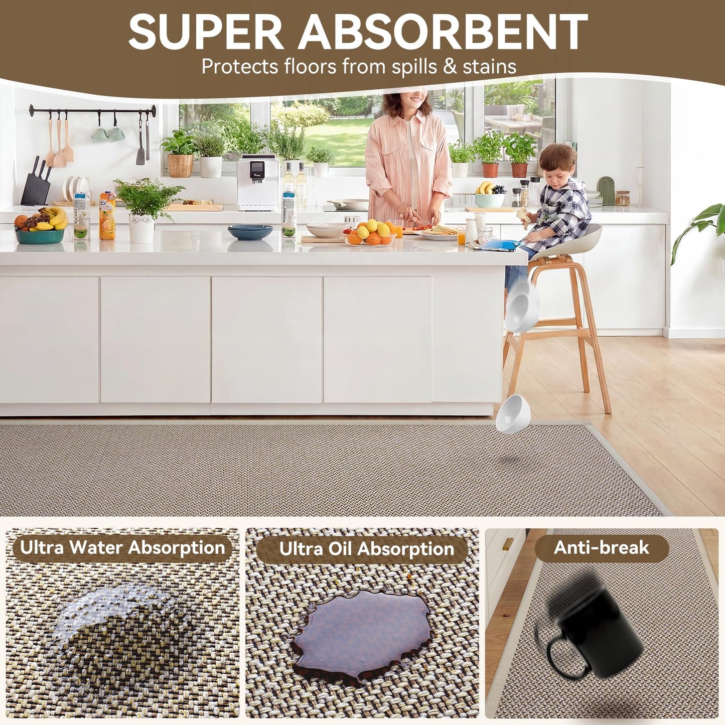 QiCaiJia Kitchen Rugs Non-Slip and Washable, Kitchen Mats for Floor, Absorbent Kitchen mats, Rubber Backing, Soft Braided Standing Floor Rug Sink Mat Runner Rug Kitchen Rug Brown 17"x47"