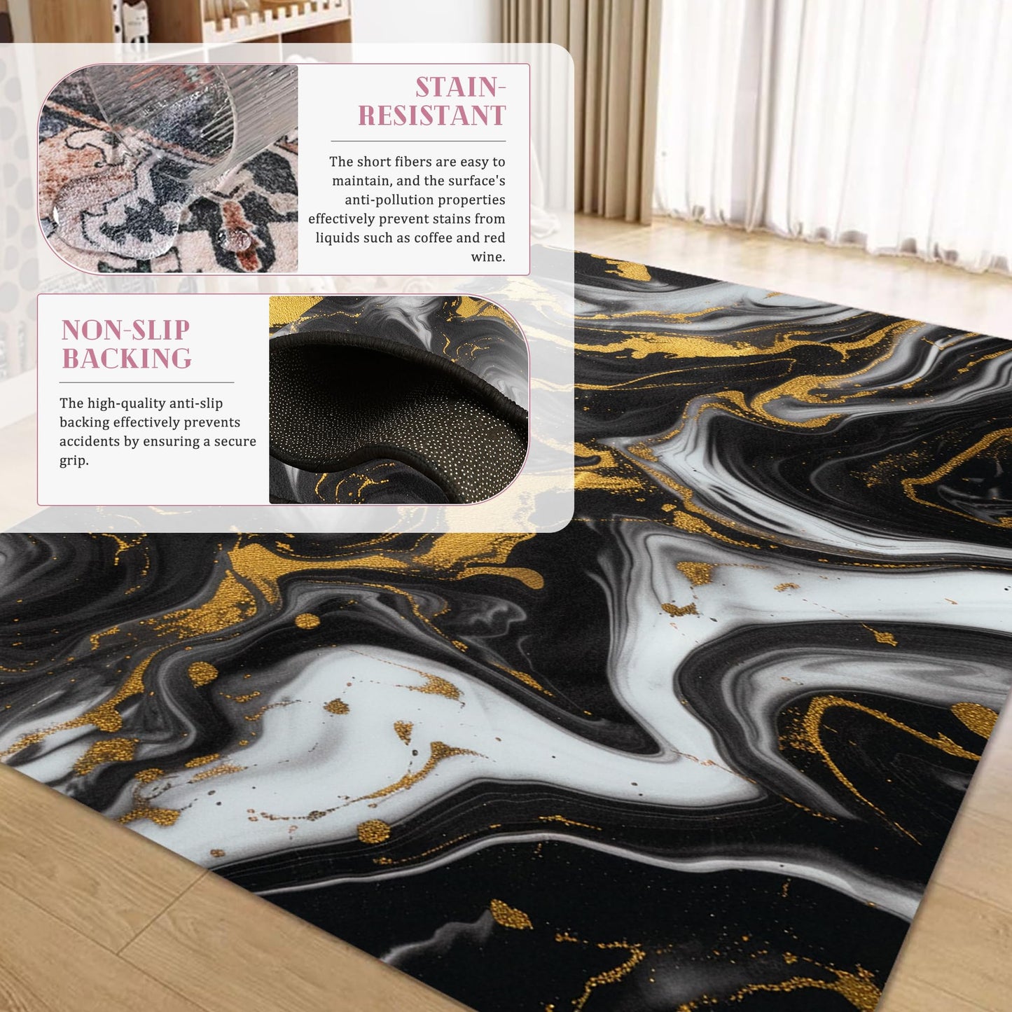 EDGZKO Black White and Gold Rugs: 5x8 Feet Abstract Marble Swirl Area Rug Washable Modern Carpet Floor Mat for Livingroom Bedroom Diningroom Kitchen Dorm Office Classroom Laundry