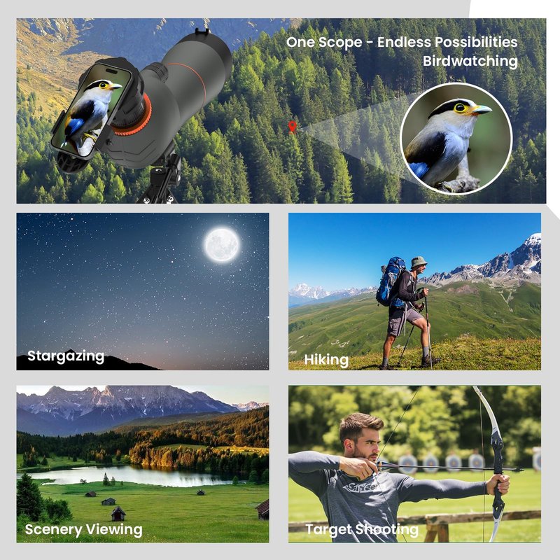 Three Triping Spotting Scope 25-75×85 - Dual Focusing Spotter Scope, with Tripod & Phone Adapter, Ideal for Bird Watching & Wildlife Observing