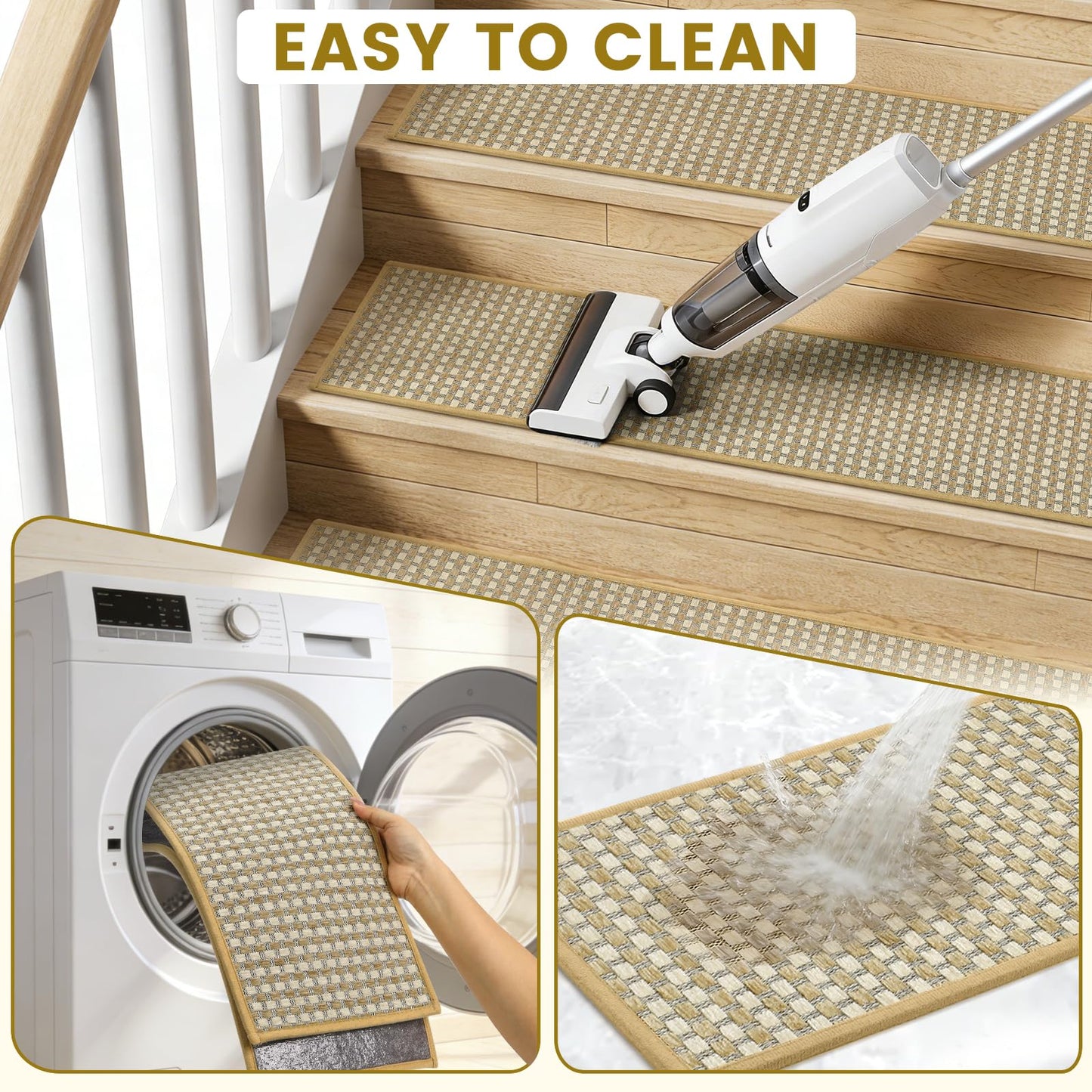 SMILOOL Stair Treads Non Slip for Wooden Steps Indoor 9" x 36" 4 Pack Extra Wide Stair Tread Carpet Stairs Runner, Step Pads with Reusable Adhesive for Dogs Kids Elders, Machine Washable, Beige