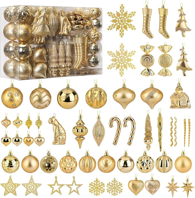 SHareconn 145pcs Christmas Balls Ornaments Set, Shatterproof Plastic Baubles Snowflakes, Stars and Tree Topper for Xmas Tree Holiday Wedding Party Decorations with Hanging Strings, Dark and Light Gold